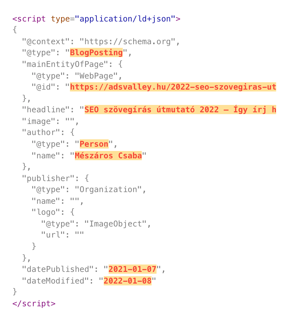 Schema markup kód használata blogbejegyzésnél, ami megkönnyíti a keresőmotorok azonosítását.